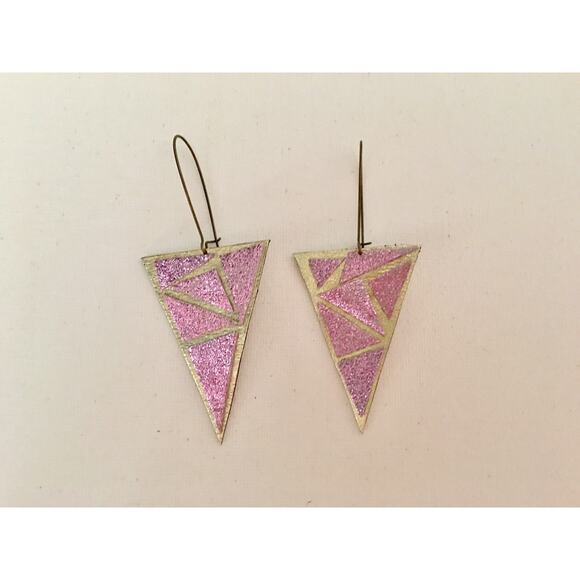 Artisan Handmade Pink and gold Geometric leather statement earrings. - Picture 4 of 10